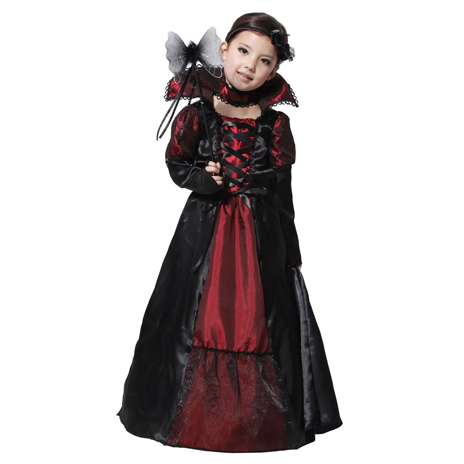 Umorden Gothic Vampire Girl Costume for Child Kids Halloween Purim Party Fancy Dress With Teeth Ears 4-6Y 6-8Y 8-10Y