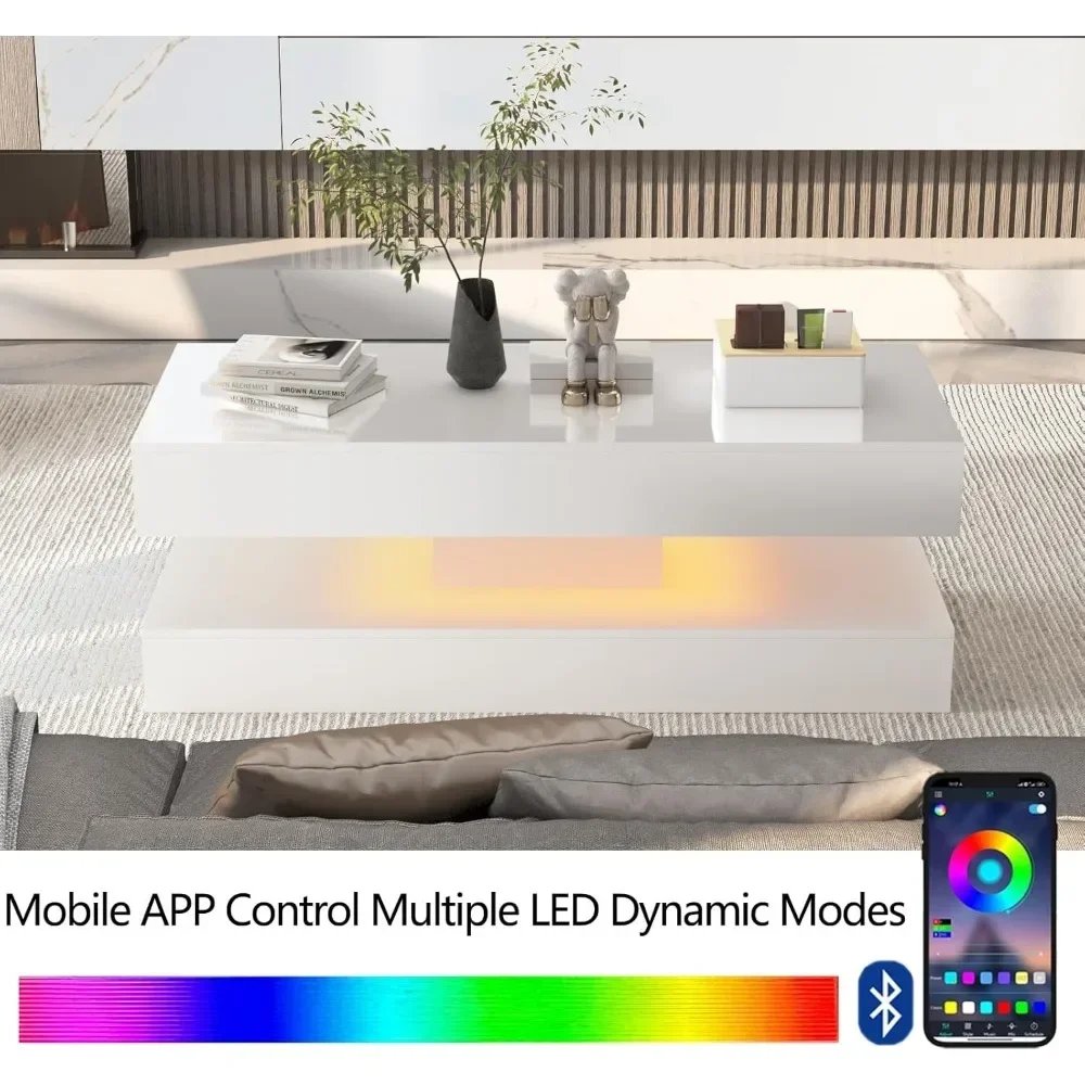 47.3IN High Glossy LED Coffee Table,APP LED Lights,Black/White, Modern Furniture for Living Room