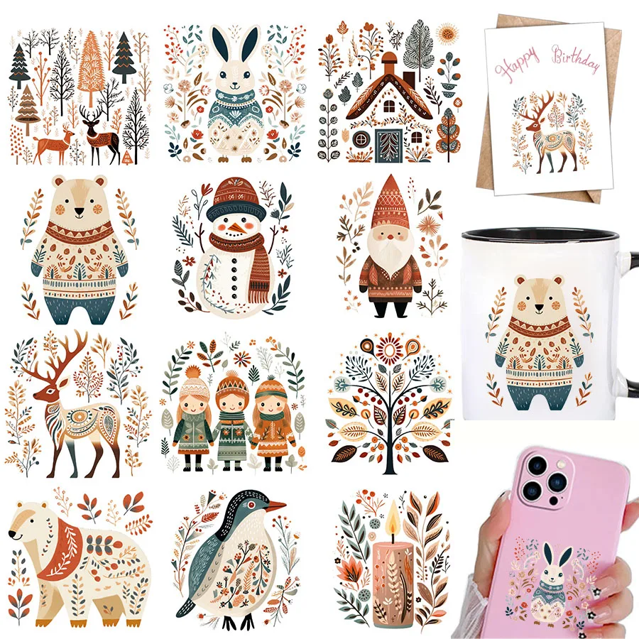 12 stücke Frühling Nordic Folk Kunst DIY UV DTF Tasse Wrap Transfer Aufkleber Glas Kaffee Tassen Grußkarten Schule Handwerk party Decor