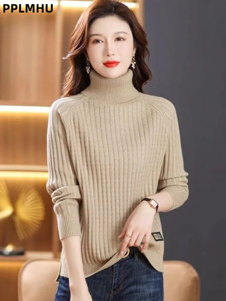 

Шерстяной теплый мешковатый вязаный свитер, утолщенный женский повседневный трикотаж, мягкий пуловер, водолазка, свободные модные джемперы с низом