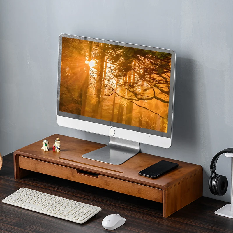 Ergonomic Monitor Riser with Storage Drawer Certified Bamboo & Oak Desktop Stand for Computer Laptop & Office Organizer