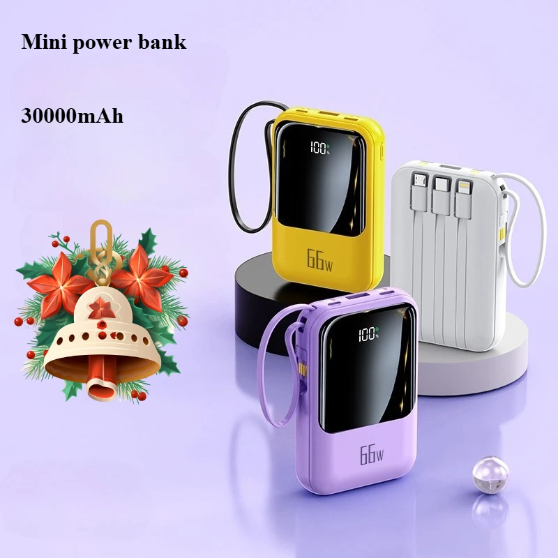 

Mini 30000mAh Large Capacity Power Bank with Built-in Cable and 66W Fast Charging Battery Pack for iPhone Xiaomi Samsung