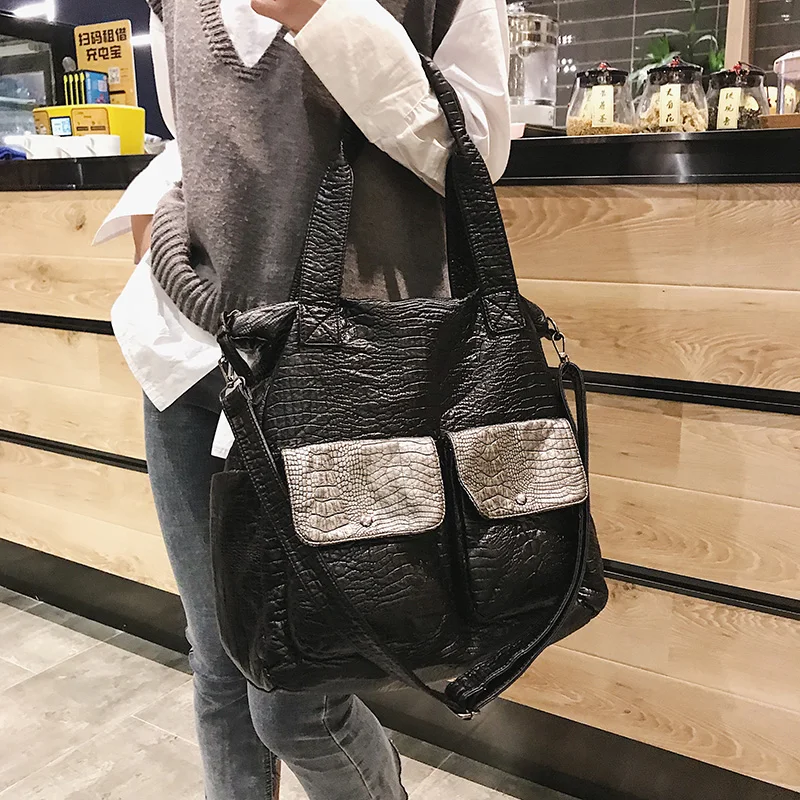 Big Soft Leather Women Bag Large Capacity Shoulder Shopper Tote Black Crocodile Crossbody Handbag Casual Female Travel Hobo Bag