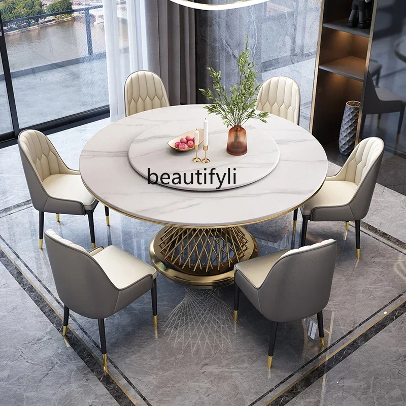 178Light luxury marble dining table and chair combination household rock slab round table with turntable round dining table2936
