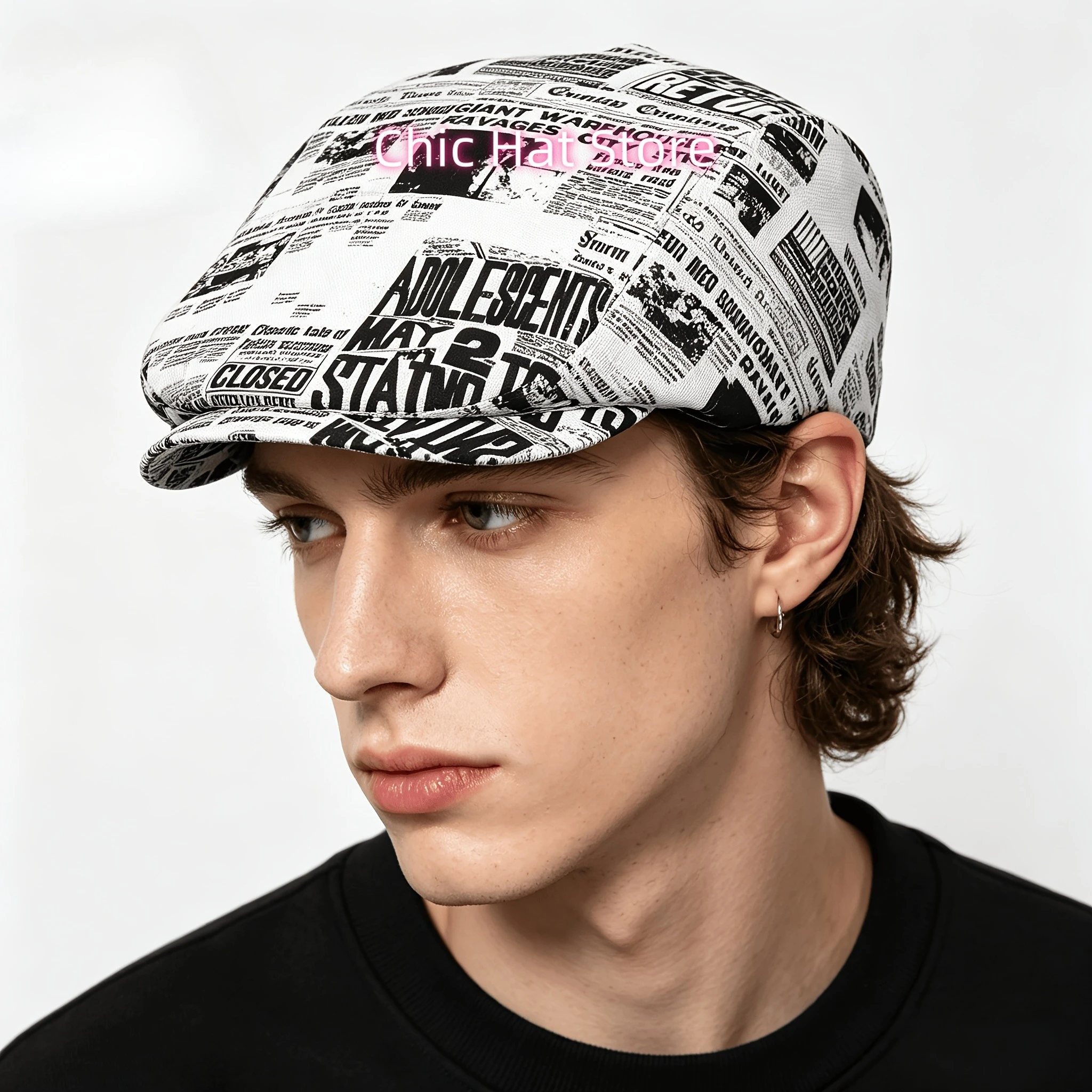 2D Flat - 1pc of Black And White Press Clippings Designed for Journaling, Featuring an All-Over Print on Flat-Top Hats Suitable