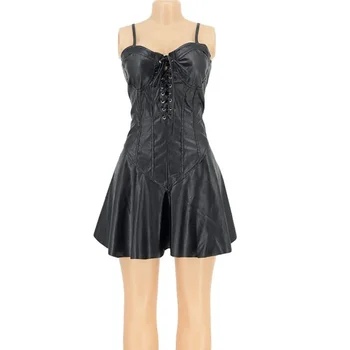 Sexy Spaghetti Strap Corset Lace-up PU Leather Dress Women Clothing Sleeveless Bandage Bodycon Dress Night Party Club Mini Dress 6