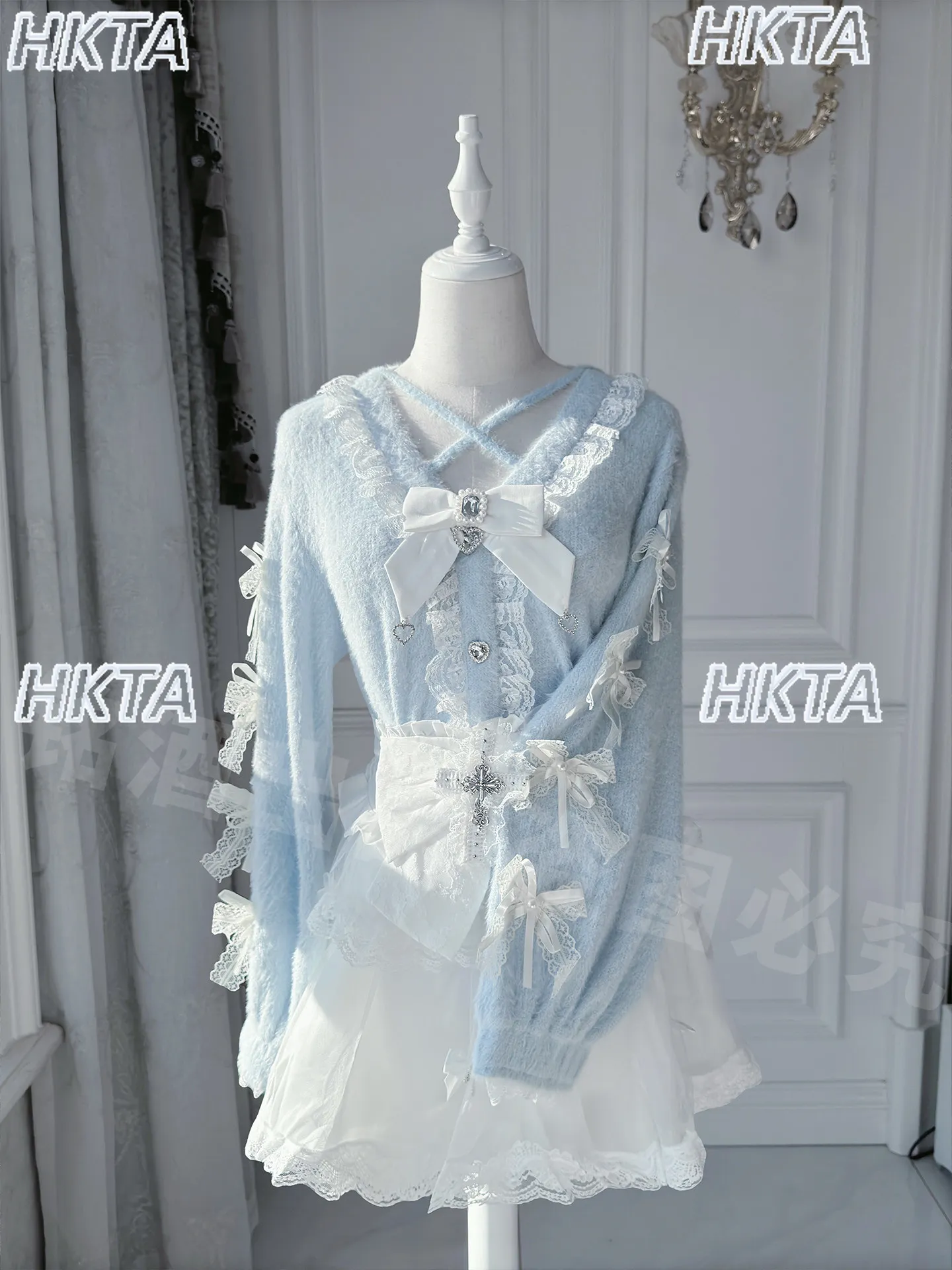 

Japanese Punk Y2K Subculture Cute New Spring Black Aqua-colored Sweater Cardigan Jacket Women High-waisted Short Pleated Skirt