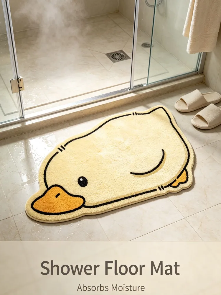 Cute Lying Duck Shaped Bath Mat Soft Flannel Absorbent Non‑Slip Floor Mat Irregular Cartoon Animal Carpet For Bathroom Bathtub S