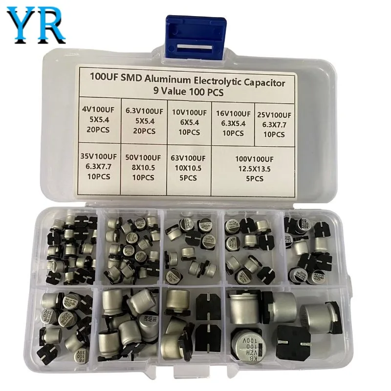 

9Value 100Pcs 100UF SMD Electrolytic Capacitor Assortment Kit 4V 6.3V 10V 16V 25V 35V 50V 63V 100V 100uf