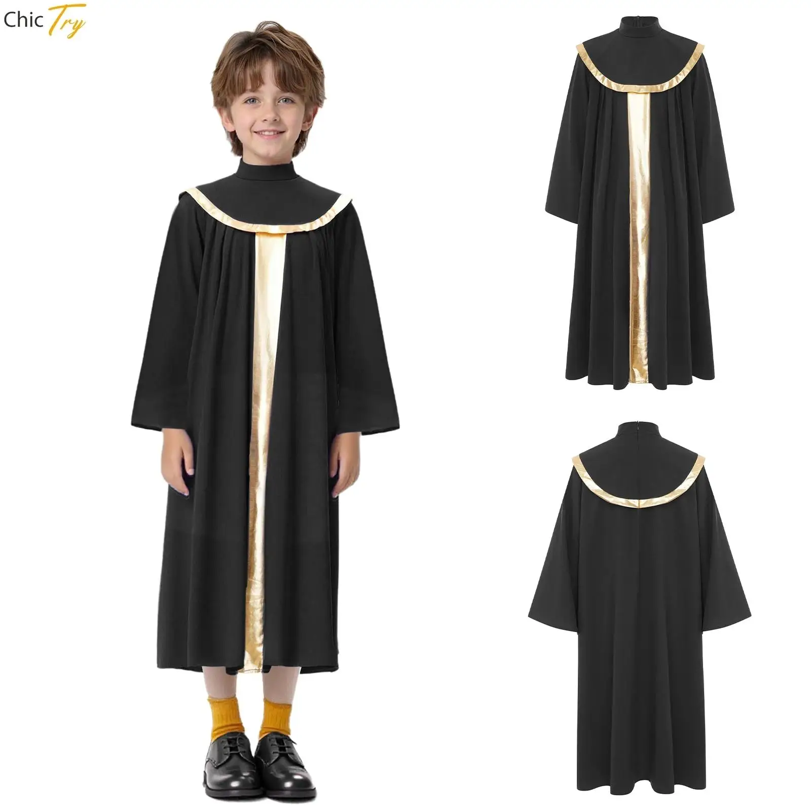 

Kids Boys Girls Worship Praise Dance Costumes Long Sleeve Metallic Pleated Grown Christian Priest Dancewear Unisex Choir Robes