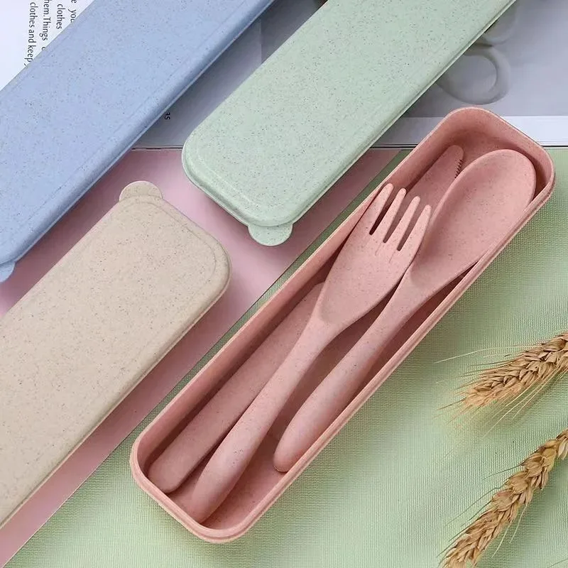 LUSQI 3PC Wheat Straw Cutlery Set Reusable Travel Utensils Lightweight BPA-Free Ideal For Camping Office Picnic Gifts