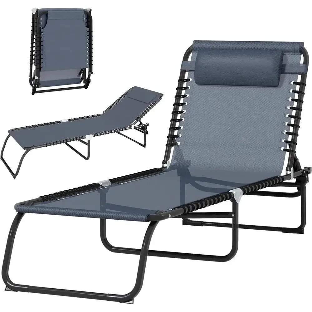 Mesh Seat Outdoor Chaise Lounge with 4-Position Recline for Patio, Beach, or Poolside in Gray
