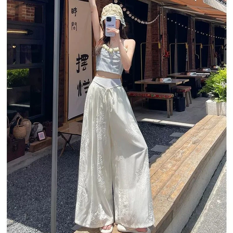 Women White Floral Embroidery Wide Leg Palazzo Pants, Elastic High Waist Drawstring Flowy Bohemian Casual Floor Length Trousers