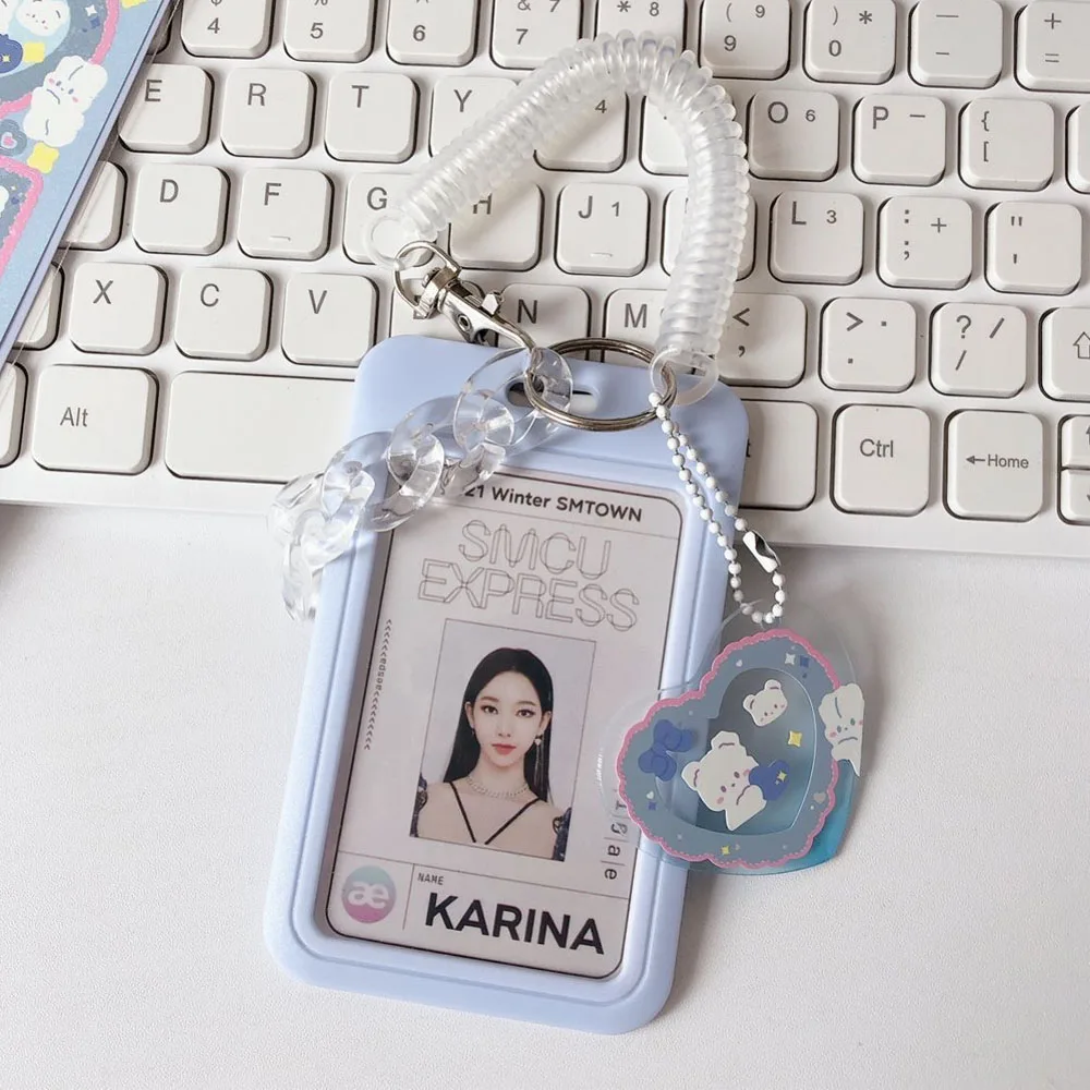 Milk Blue Photocard Holder 3 Inch Idol Small Photo Card Protector Case Student Slid ID Bus Card Case With Keychain Heart Pendant