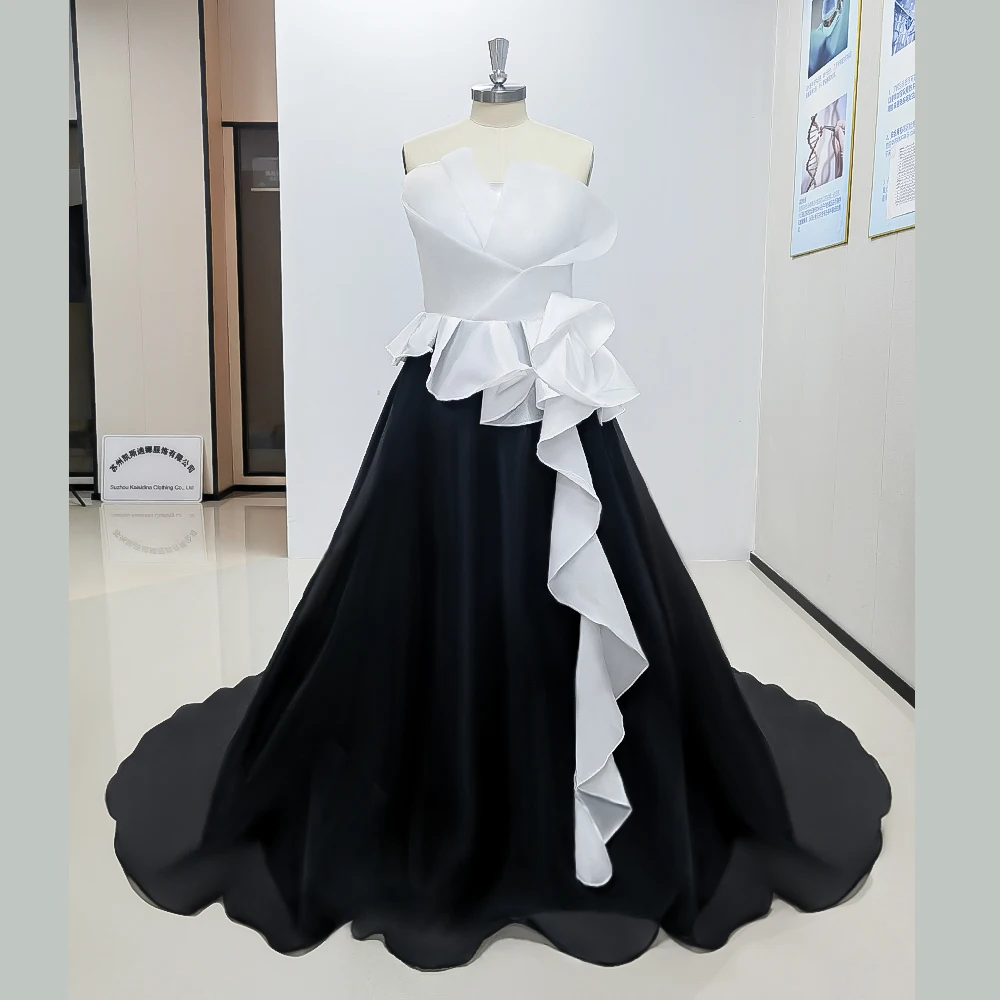 

Elegant Black and White A-line Strapless Evening Dress New Fashion Female Floor Length Party Prom Ball Gowns