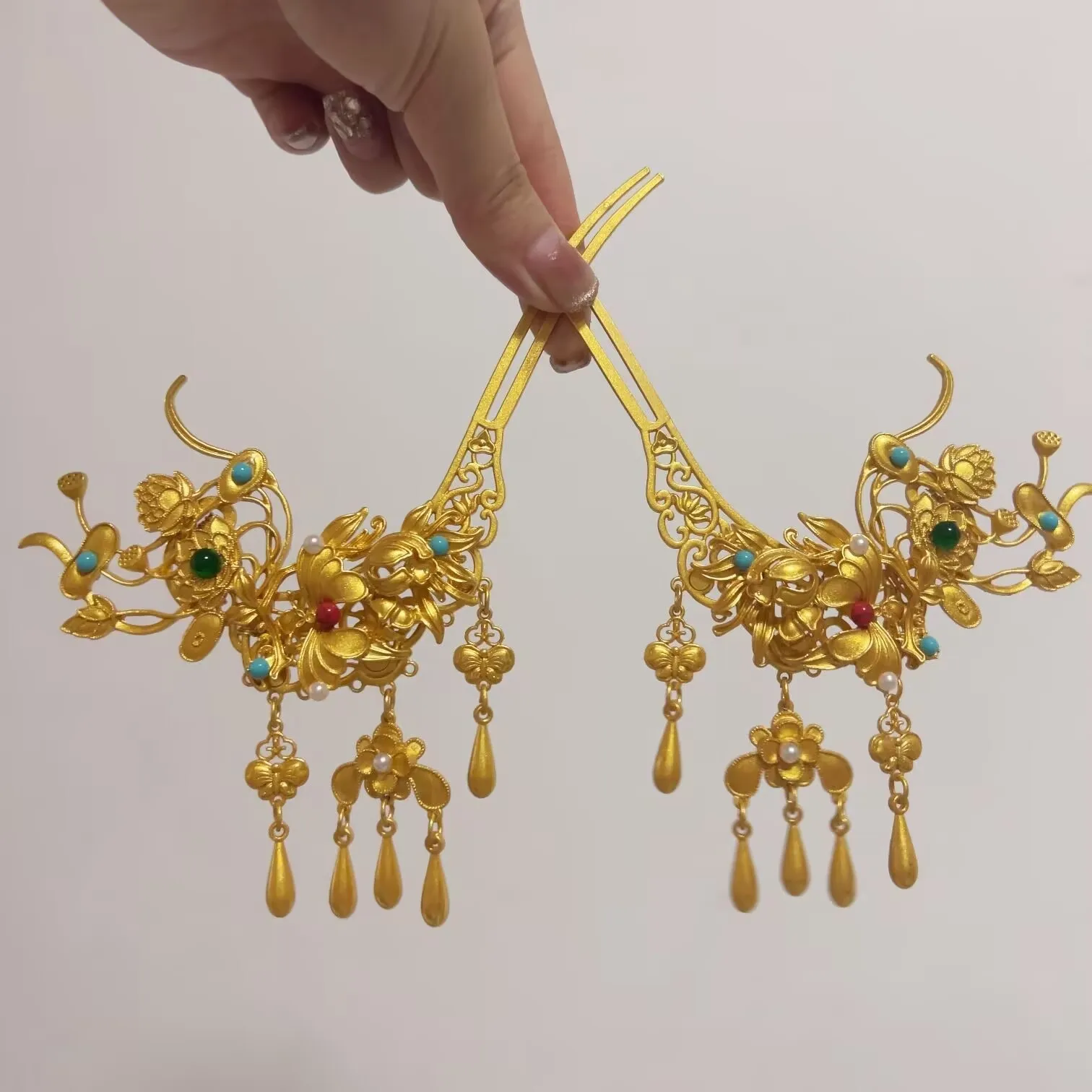 

Womens Hairstick Gold Flowers With Beaded Fringe Chinese Headdress