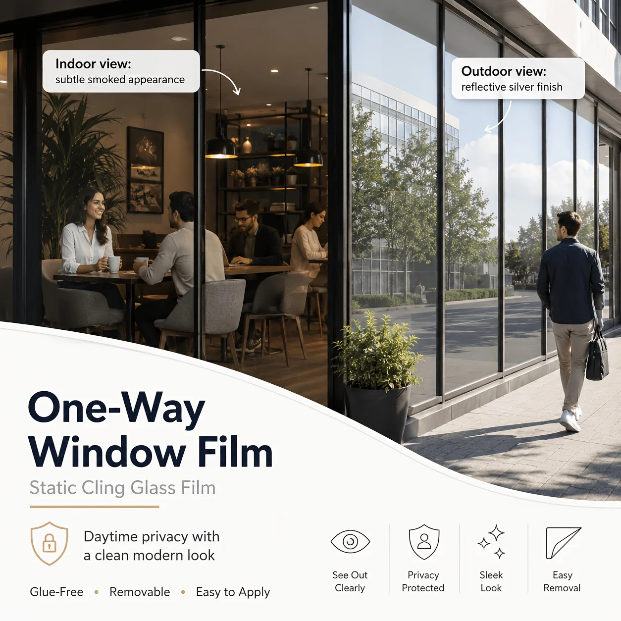 Daytime Silver Mirror Privacy Window Film Static Cling NoGlue Cut to Size Removable for Balcony Ceiling Window Office Glass Door