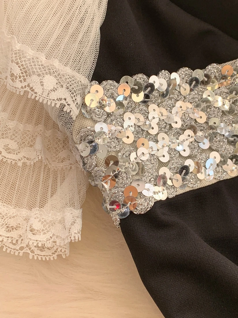 Foamlina vestido de verão feminino sexy lantejoulas retalhos fora do ombro em camadas malha rendas babados manga curta magro mini vestido de festa