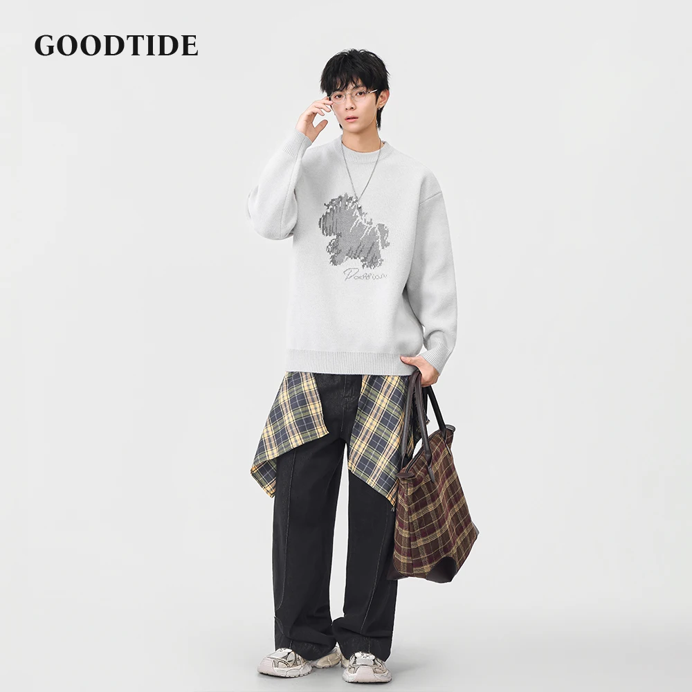 Fashion Men's Casual Crew Neck Sweater 2025 Winter New Abstract Pattern Letter Print Knitted Pullover Soft Long Sleeve Top