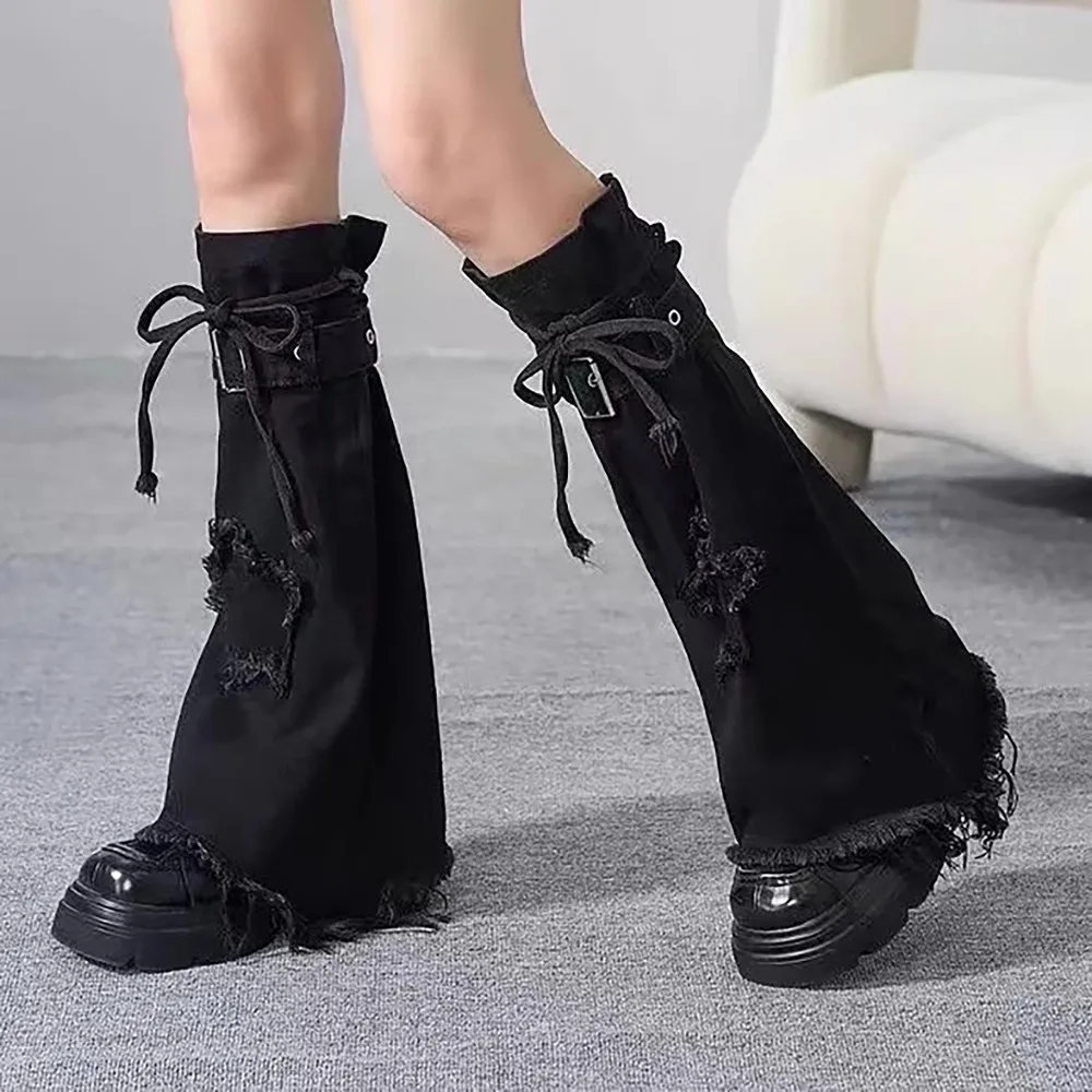 Japanese JK Lolita Y2K Denim Leg Warmers Stars Denim Cloth Cross Trumpet Leg Covers Footcover Pile Up Socks Long Stockings