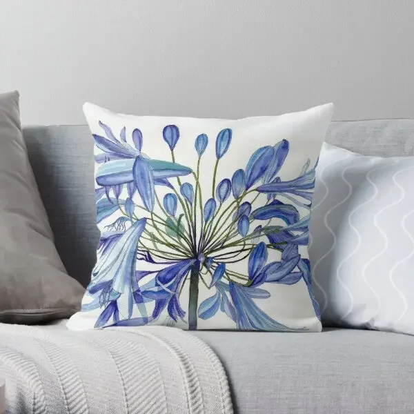 Blue Agapanthus Flower Watercolour Paint  Printing Throw Pillow Cover Wedding Car Comfort Bedroom Pillows not include One Side