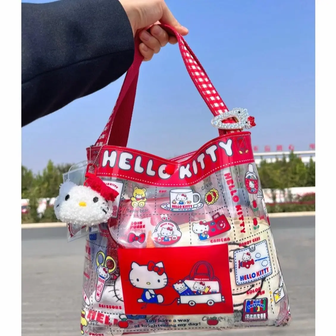 Cute Cartoon Hello Kitty PVC Transparent Large Capacity Shoulder Bag Waterproof Shopping Bag Student Print Handbag Women's Bag