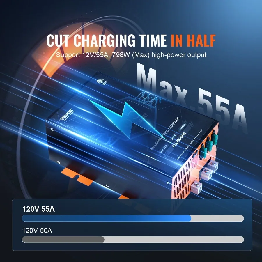 محول RV 55 أمبير 110 فولت تيار متردد إلى 12 فولت تيار مستمر RV شاحن بطارية محول الطاقة