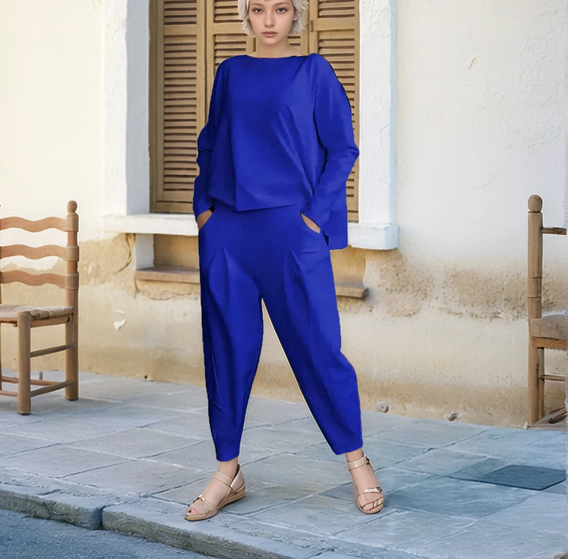 2024 Autumn/Winter New Cross border Foreign Trade Women's Clothing Solid Color Round Neck Long Sleeve Set Women's Pocket Pants L image 4