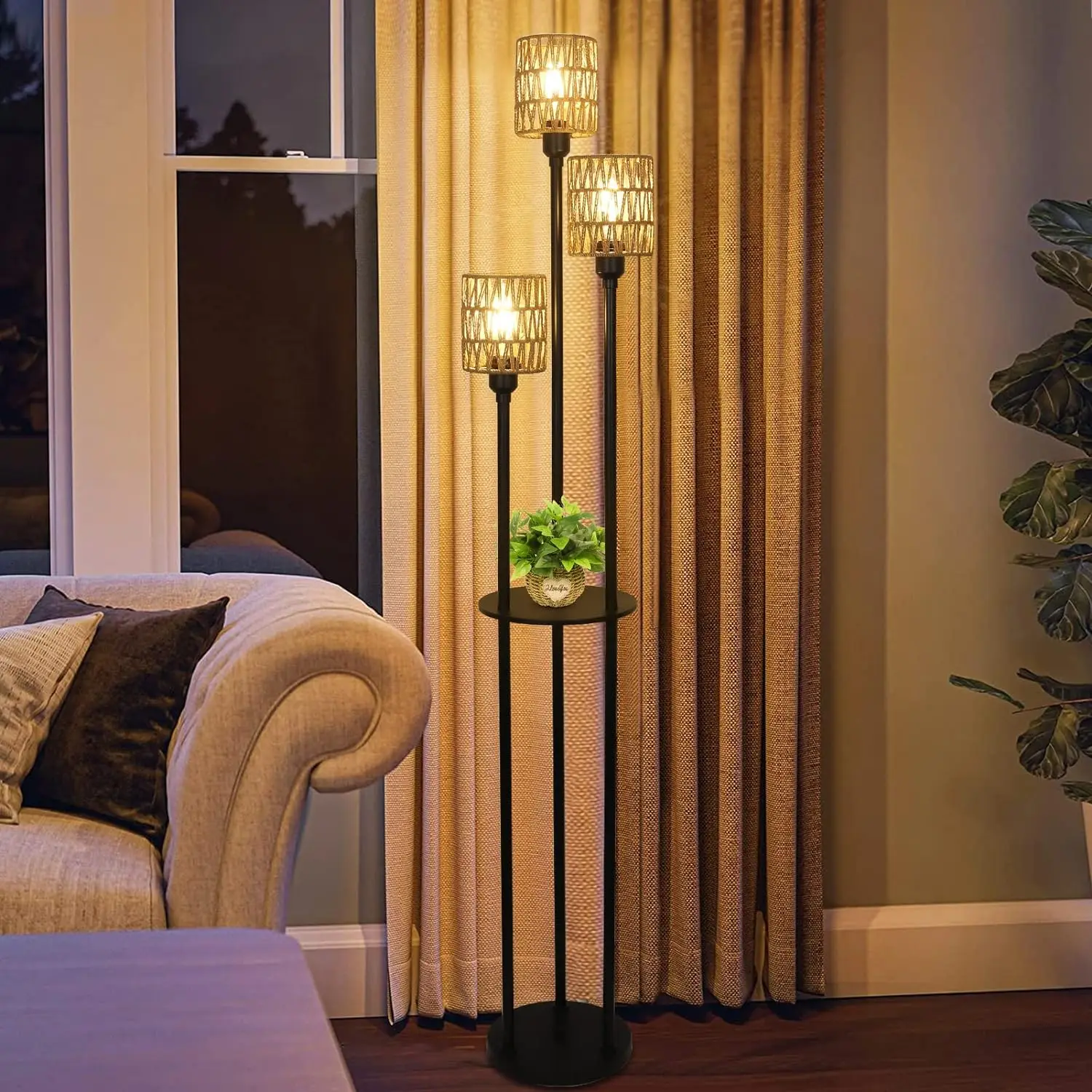 Bohemian style floor lamp with shelf, farmhouse rustic rattan standing lamp, suitable for living room, bedroom, office.