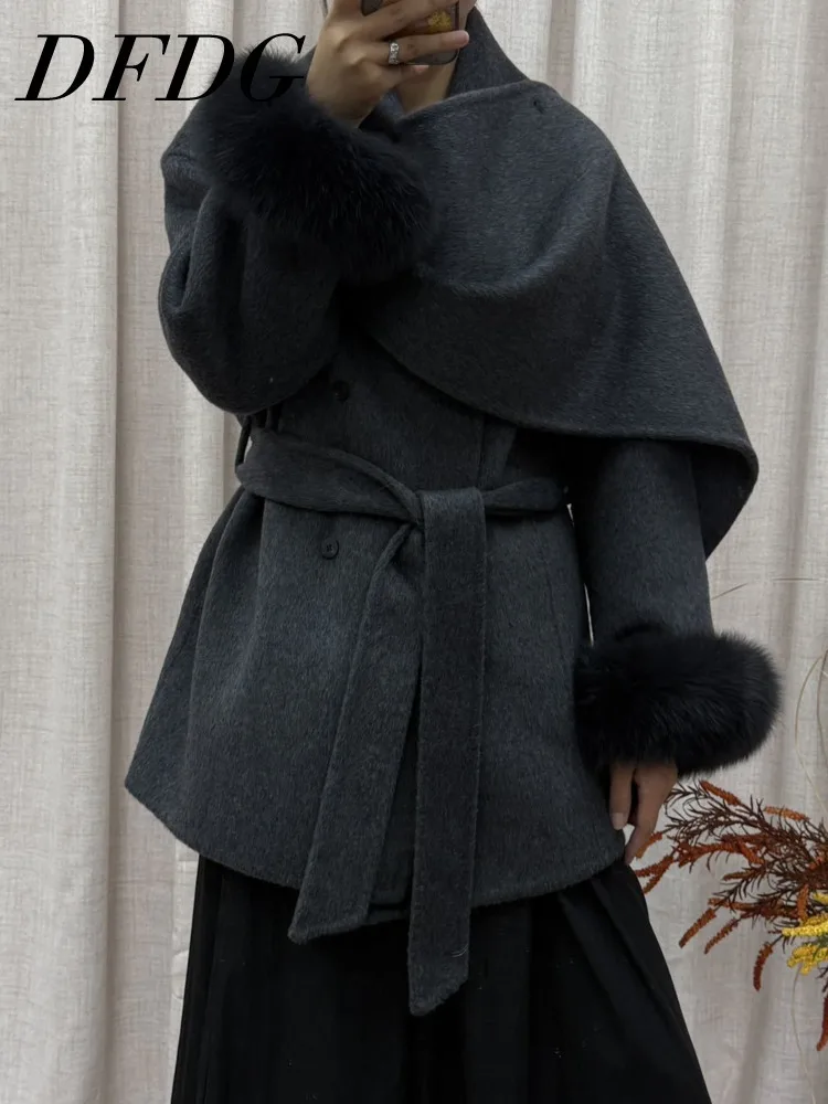 

DFDG 2025 Autumn Winter Women’s Designer Wool Coat Korean Fashion Oversized Trench Removable Shawl Collar Minimalist Style Coat
