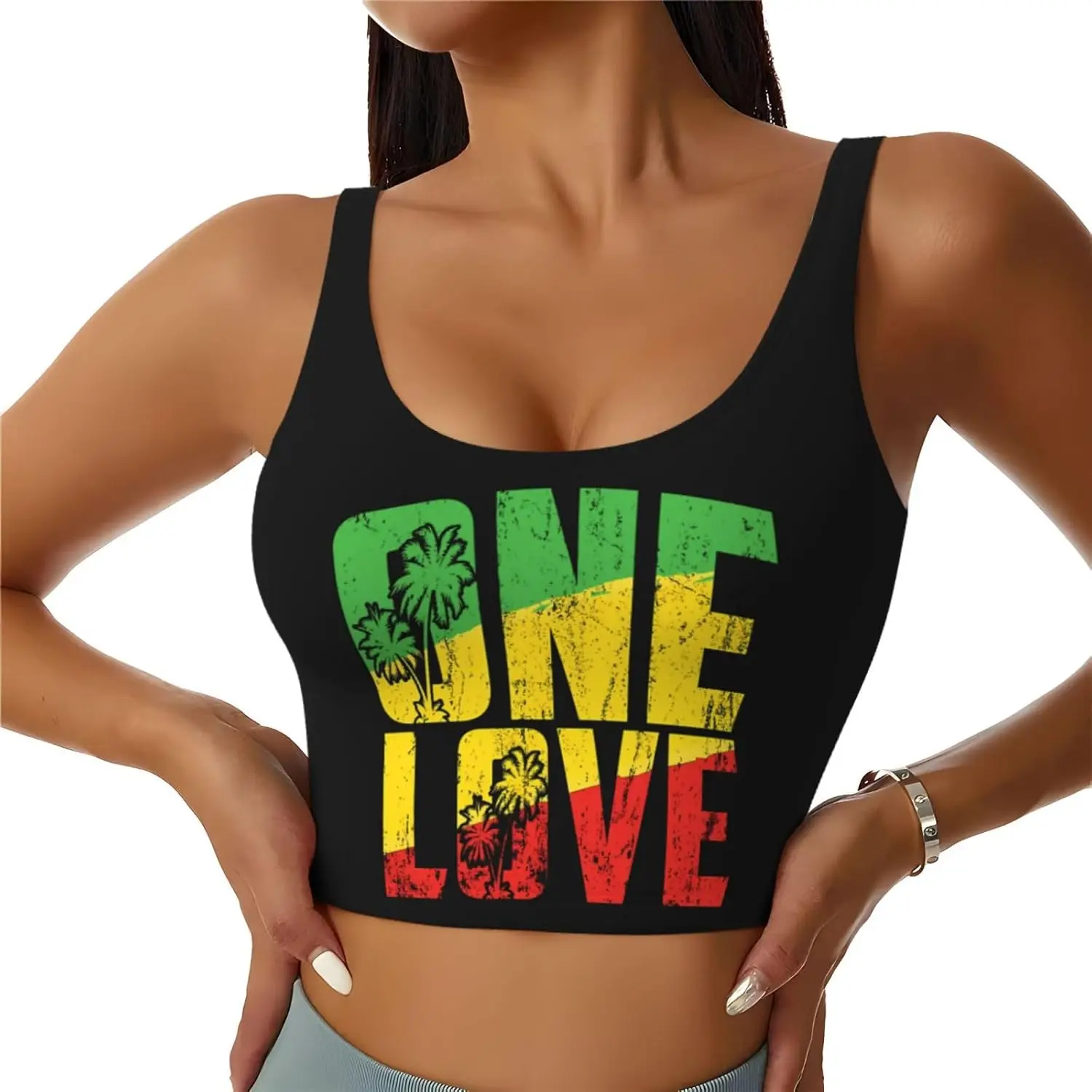 Vintage Distressed One Love Rasta Color Women's Sports Vest Bras Tank Tops Workout Fitness Underwear for Yoga Gym Running