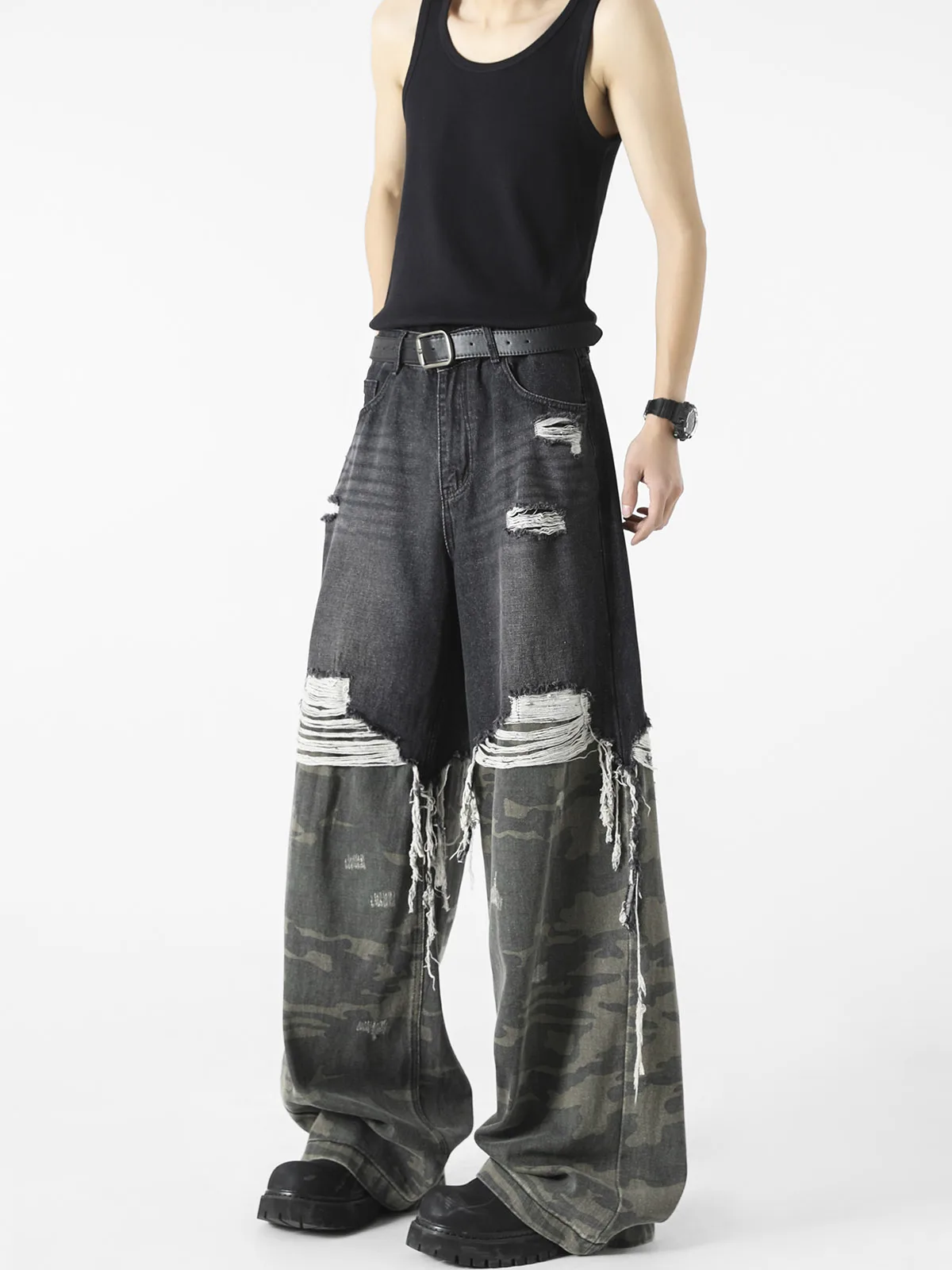 

Heavyweight Camouflage Patchwork Frayed Jeans Loose Straight Leg Jeans Men's Women's Wide Leg Long Trousers Casual Denim