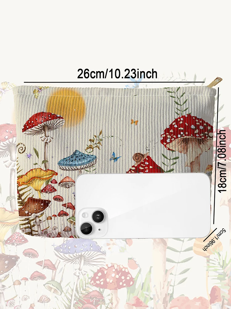 1 mushroom butterfly printed makeup bag, cute fairy tale style, multifunctional storage bag, travel makeup bag