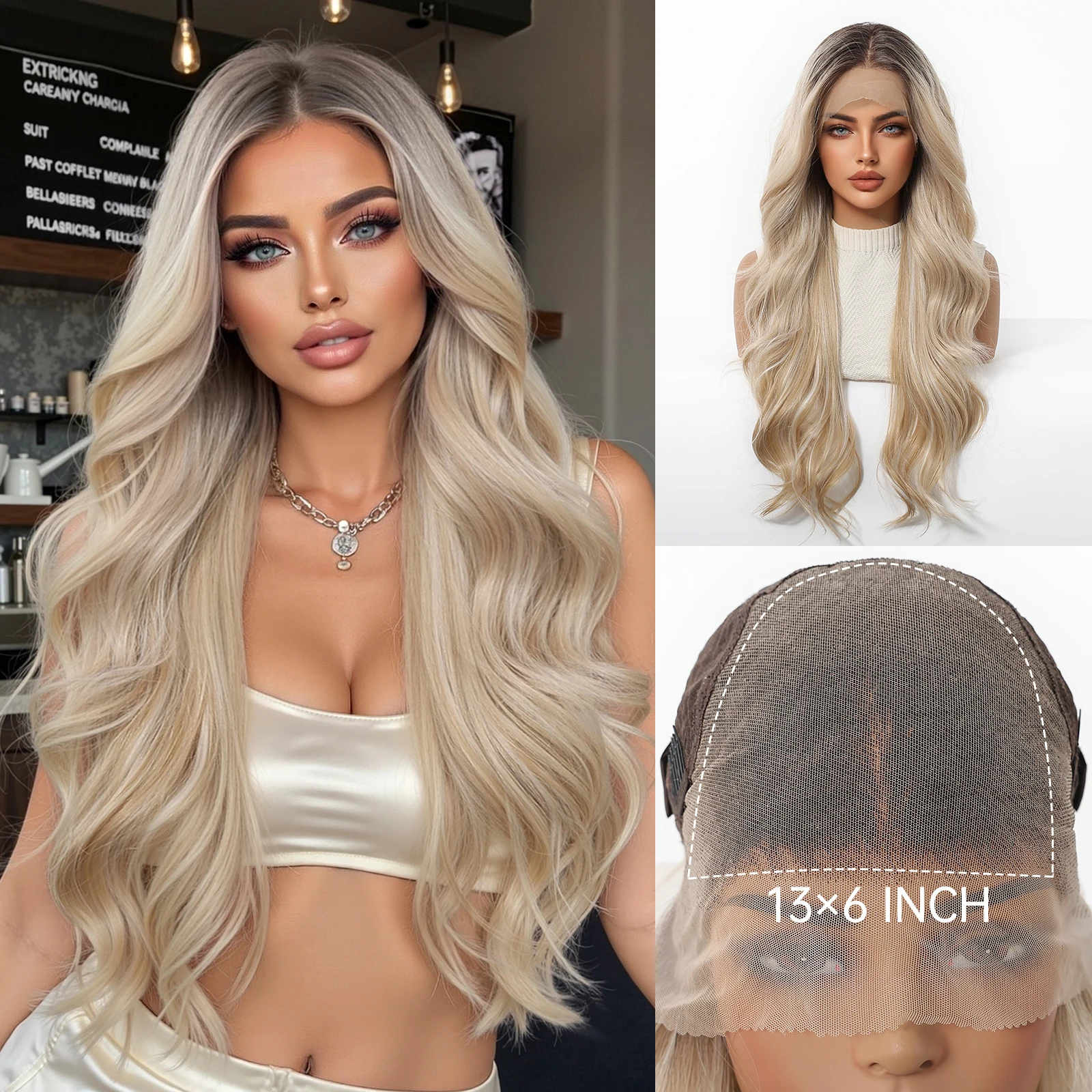 

HENRY MARGU 13x6 Synthetic Lace Front Wig Long Ombre Blonde Wig Natural Wavy Hair for Daily Wear High Temperature Fiber Wig