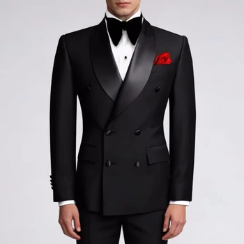 Men Suit Black 2 Pieces Double Button With Black Lapel For Wedding Groom Business Birthday Banquet Work Suit Jacket And Pants 2