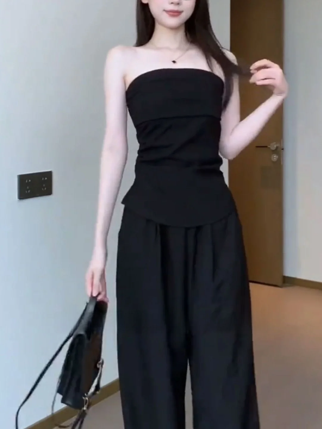 

Fashionable Sleeveless Slim Fit Black Strapless Vest Women's Summer New Draping Casual Pants Wide Leg Pants Set