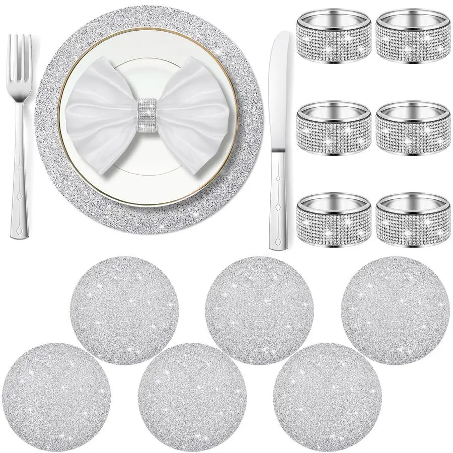 

12 Pcs Crushed Diamond Silver Napkin Rings Rhinestone Placemats Set Napkin Rings Holder Silver Crushed Rhinestone Placemats 13 x