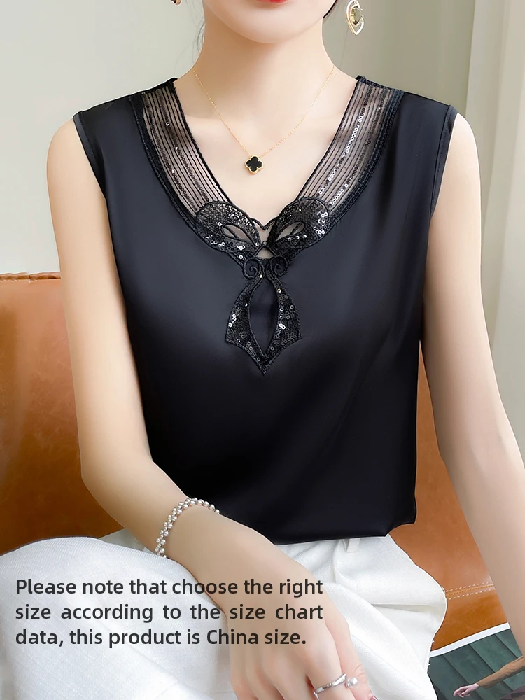 Artificial Silk Satin Lace Tank Top Thin Smooth Summer Women Bow-tie Lace Camis Silky Feel Cool Sleeveless T-shir CN Size 12426t