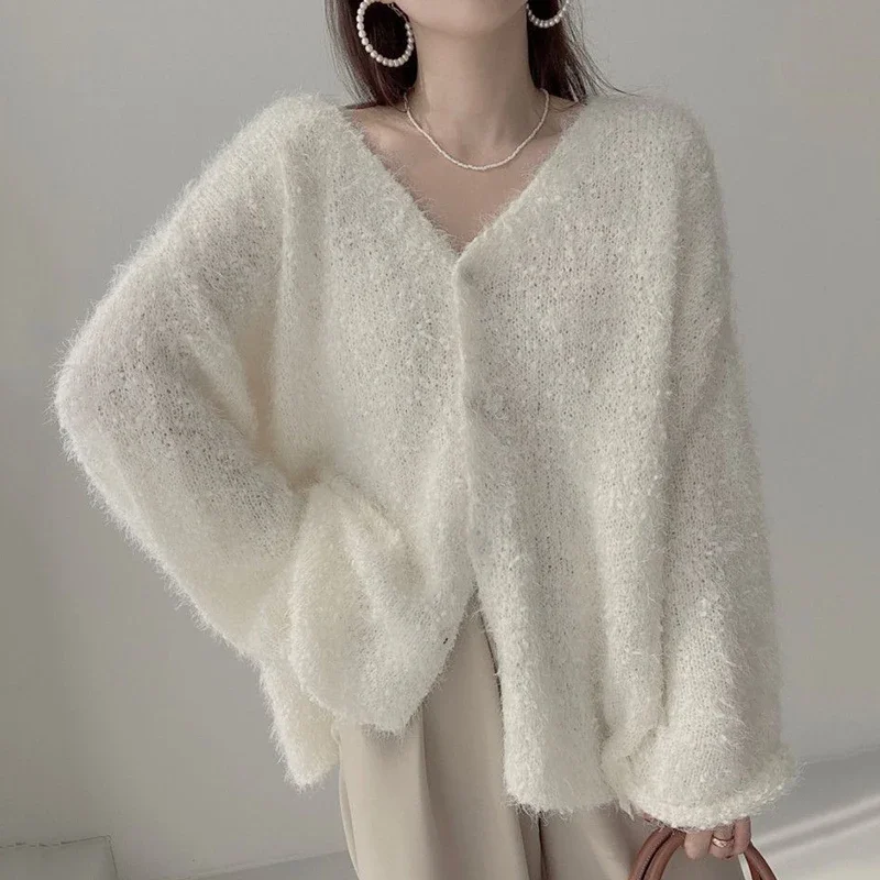 

Korean Soft Mohair Sweater White Casual Women V-neck Single-breasted Simple Fashion Yellow Pink Knitted Cardigan Winter 2023 New