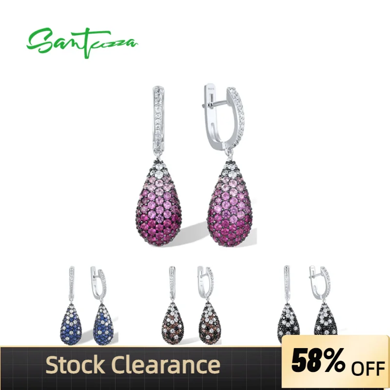 SANTUZZA Pure 925 Sterling Silver Drop Earrings For Women Sparkling  Multi Color Gem Stone Oval Birthday Party Gift Fine Jewelry