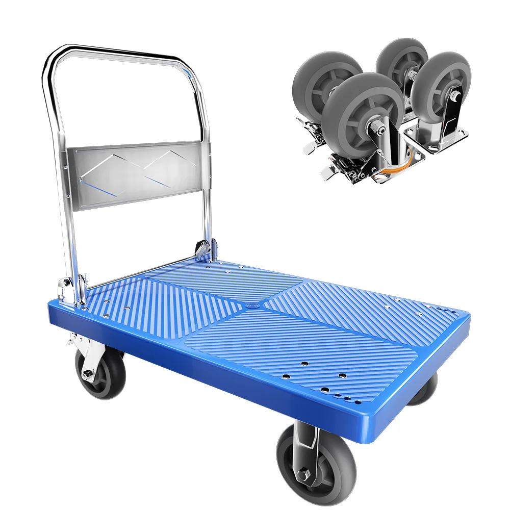 

New Design Noiseless 90*60cm 450kg Load Folding Plastic Nylon Heavy Duty Platform Truck Trolley with Brake Wheel