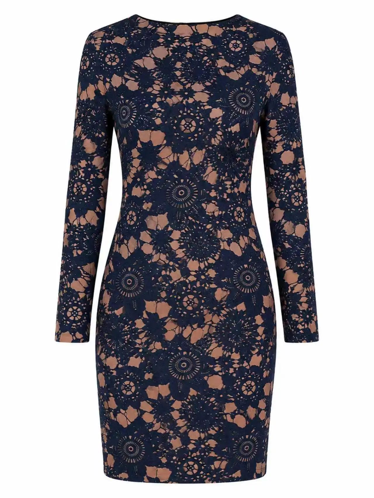 Damen Marineblau Blumenmuster Rundhals Langarm Bodycon Club Cocktail Slim Fit Mini-Kleid – Detail 2