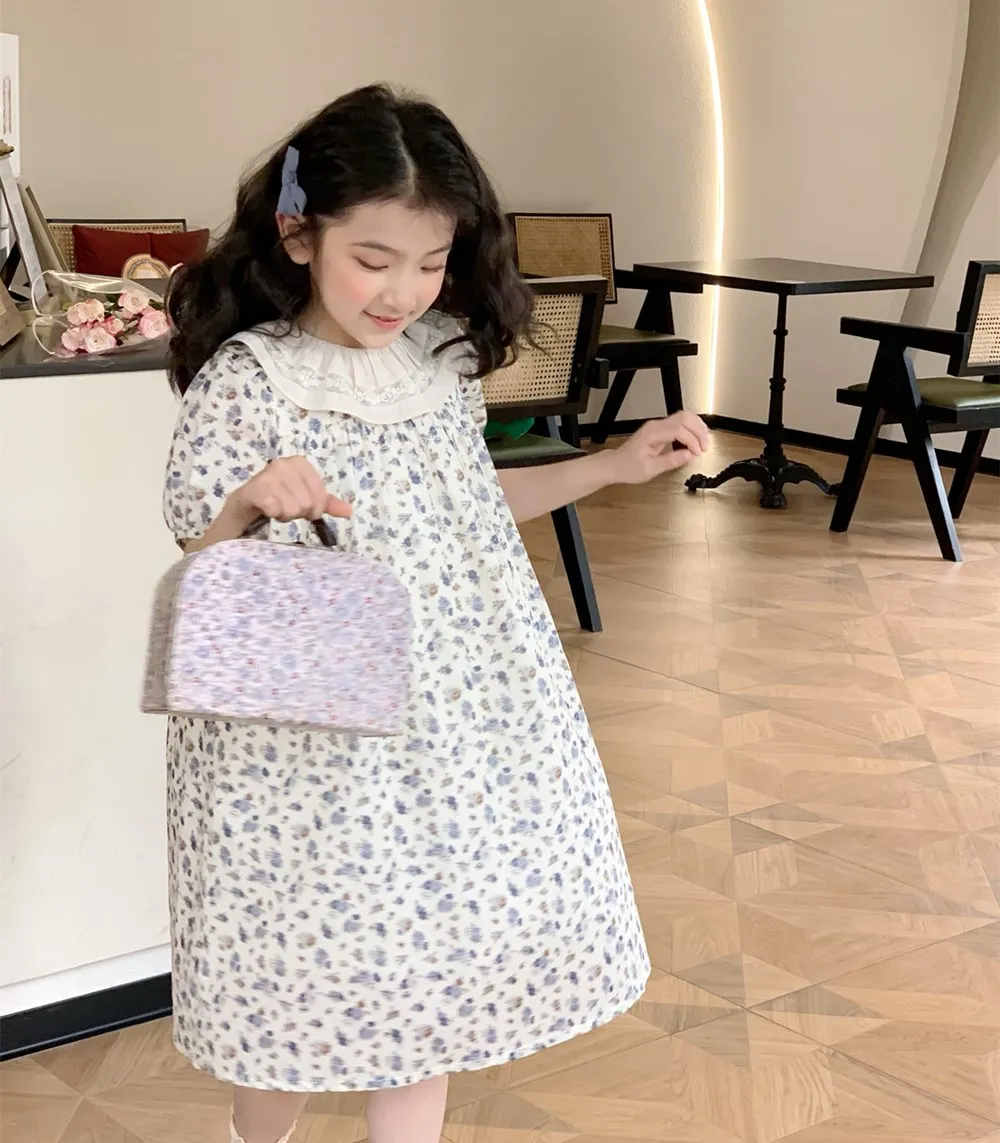 

kids girls clothes baby girls dress French pastoral style Vintage printed dress Summer dress Lace collar short sleeved dress