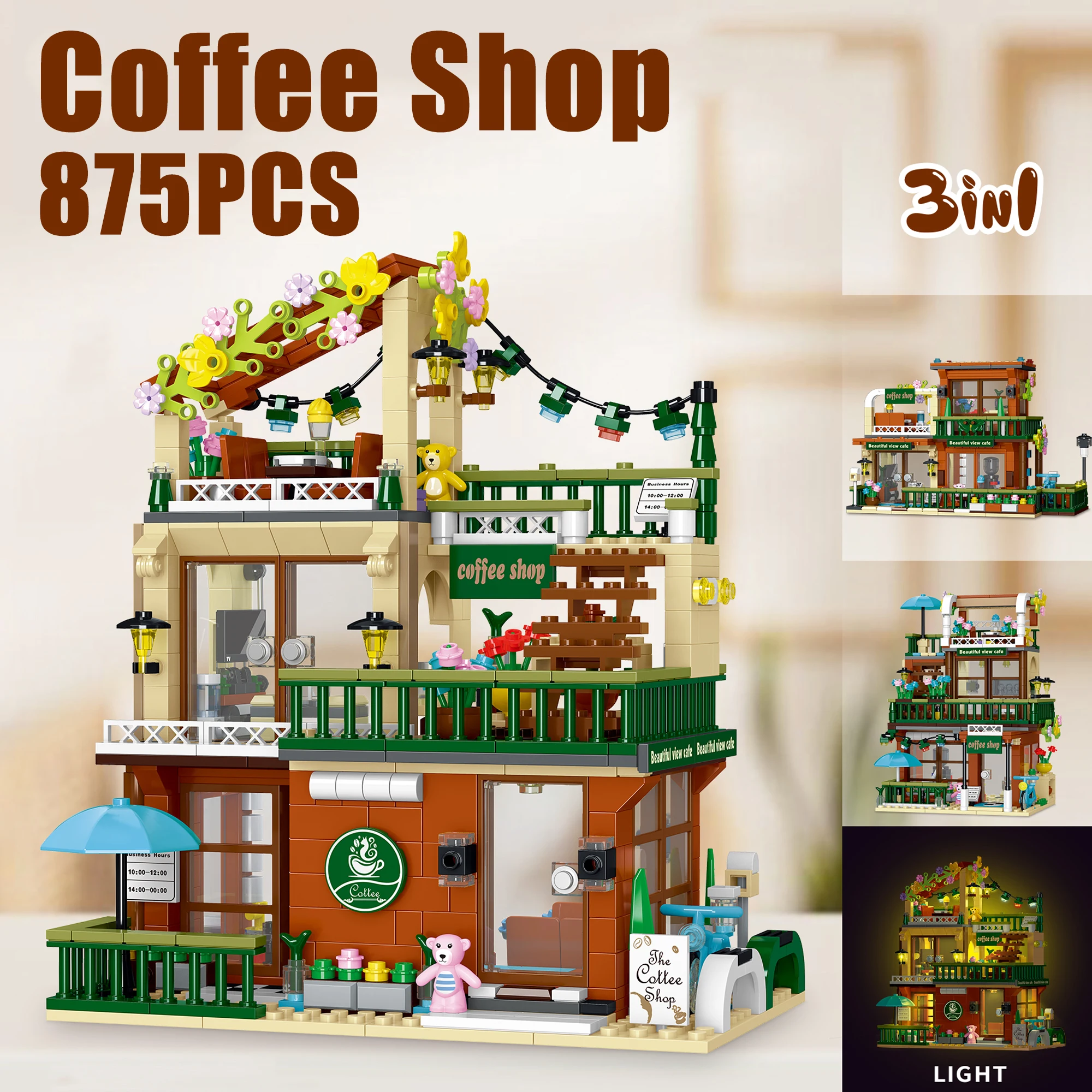 

875PCS 3IN1 Coffee Shop Street View Bricks Toys With Light Assembly House Building Blocks Ornaments Girls Adult Holiday Gifts