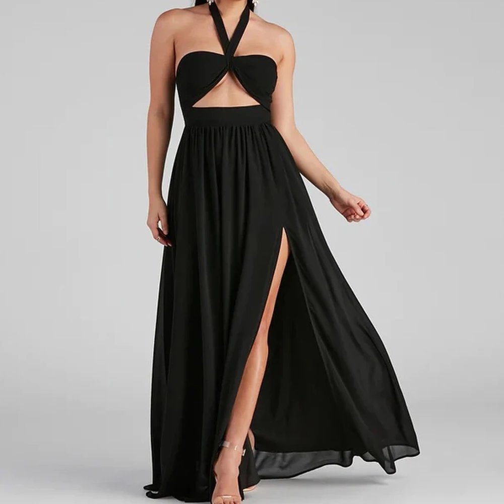 

Customized Sexy Draped Halter Floor Length Side Slit Vestidos De Fiesta A-Line Chiffon Sleeveless Girdling Vestidos Para Mujer