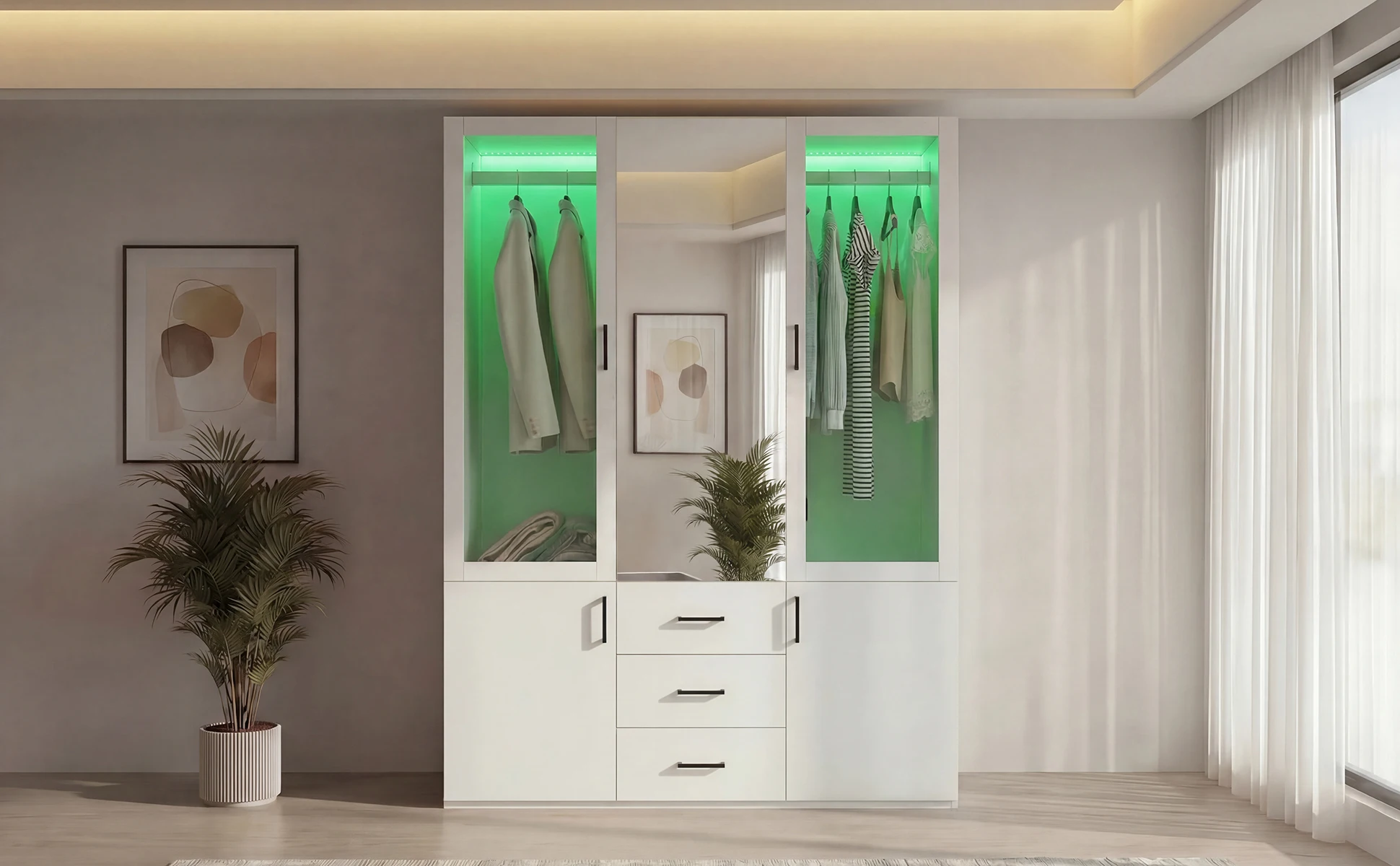 Armario con Iluminación LED, Armario Versátil con Puertas, Mueble con Barra para Ropa, Armario con Cajones, Blanco