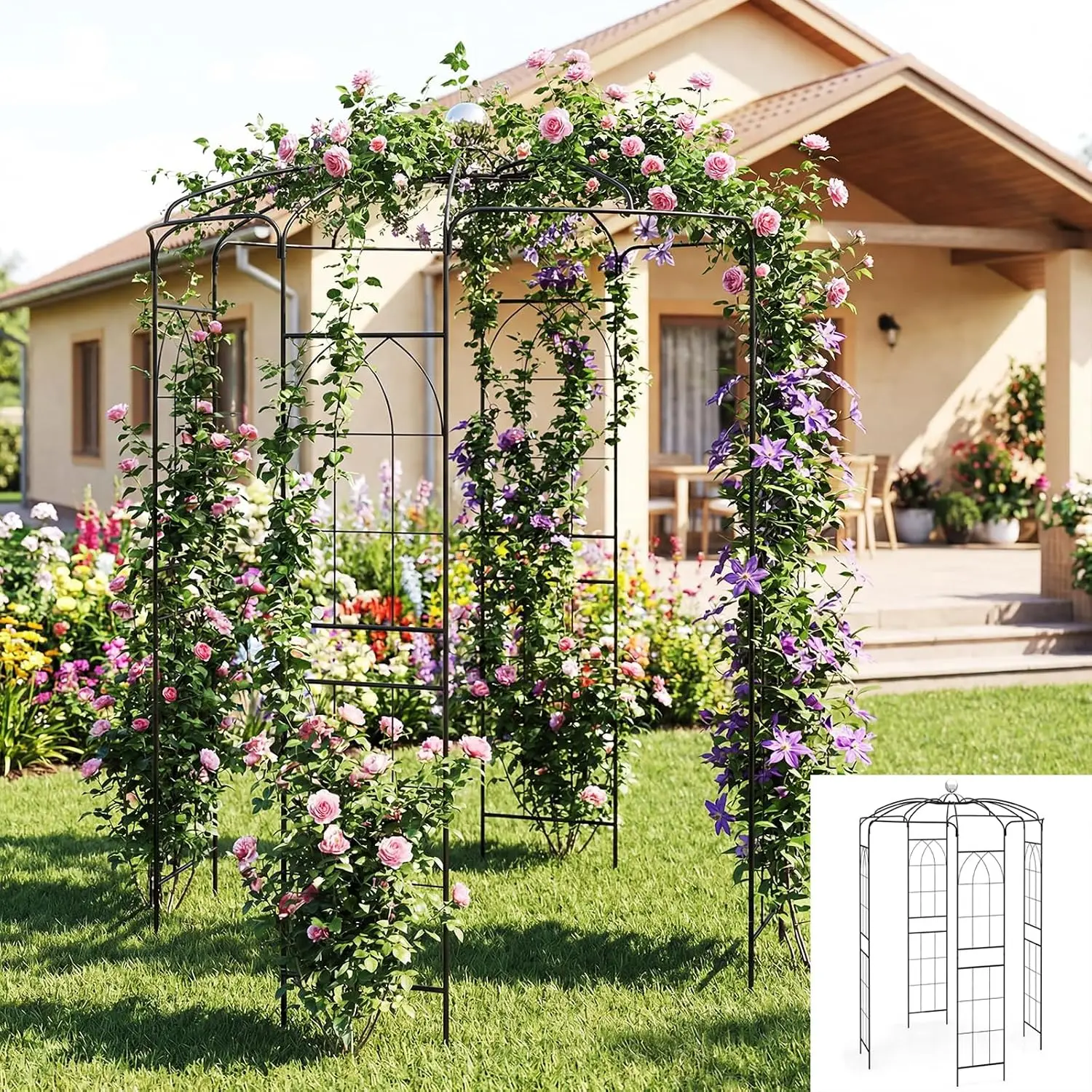 Birdcage-Shaped Outdoor Gazebo, 9.4 ft H x 6.8 ft W Metal Pergola Pavilion Arbor for Climbing Plants, French-Style Garden Arch Trellis with 8 Ground Stakes, Black Wedding Party Decoration Arch