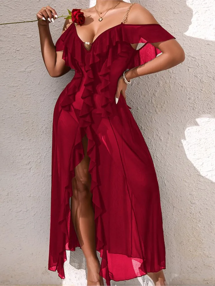 Kleider Für Frau Sexy Pyjamas Vestidos Mesh Nachthemd Kleid Komfortable Kette Schulter Riemen V-link Homewear Schlank Einfarbig