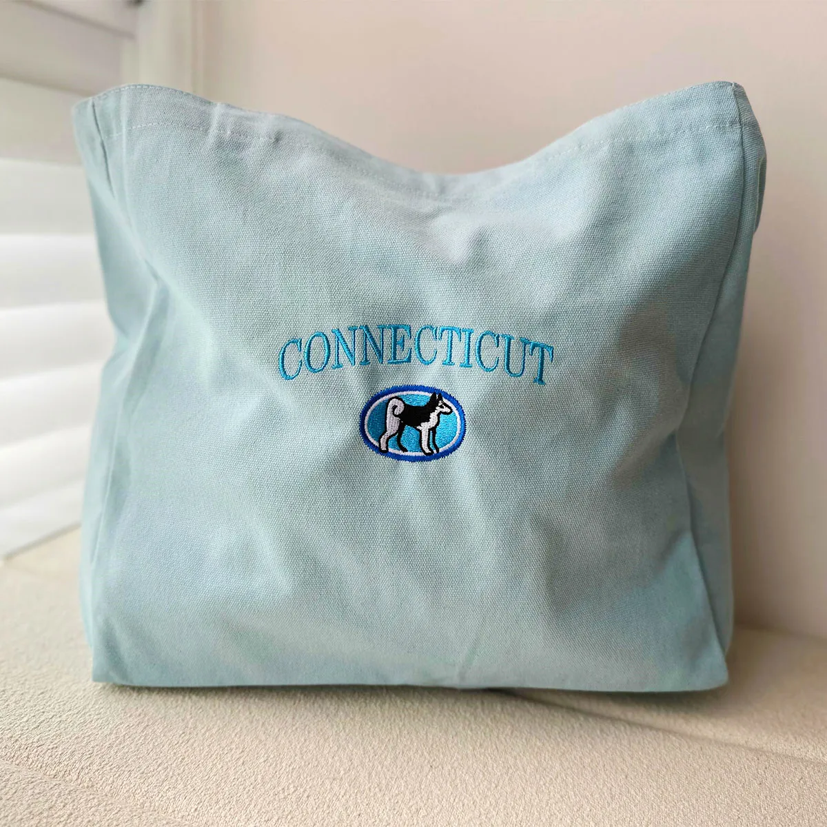 Connecticut Hound Embroidered Retro Style Canvas Shoulder Bags Ladies Casual Handbag Tote Bag Reusable Sky Blue Shopping Bags