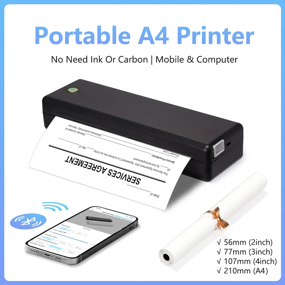 A4 Thermal Printer Mini Portable Printer Inkless Bluetooth Document Tattoo Photo Printer For Office Travel Business School Study